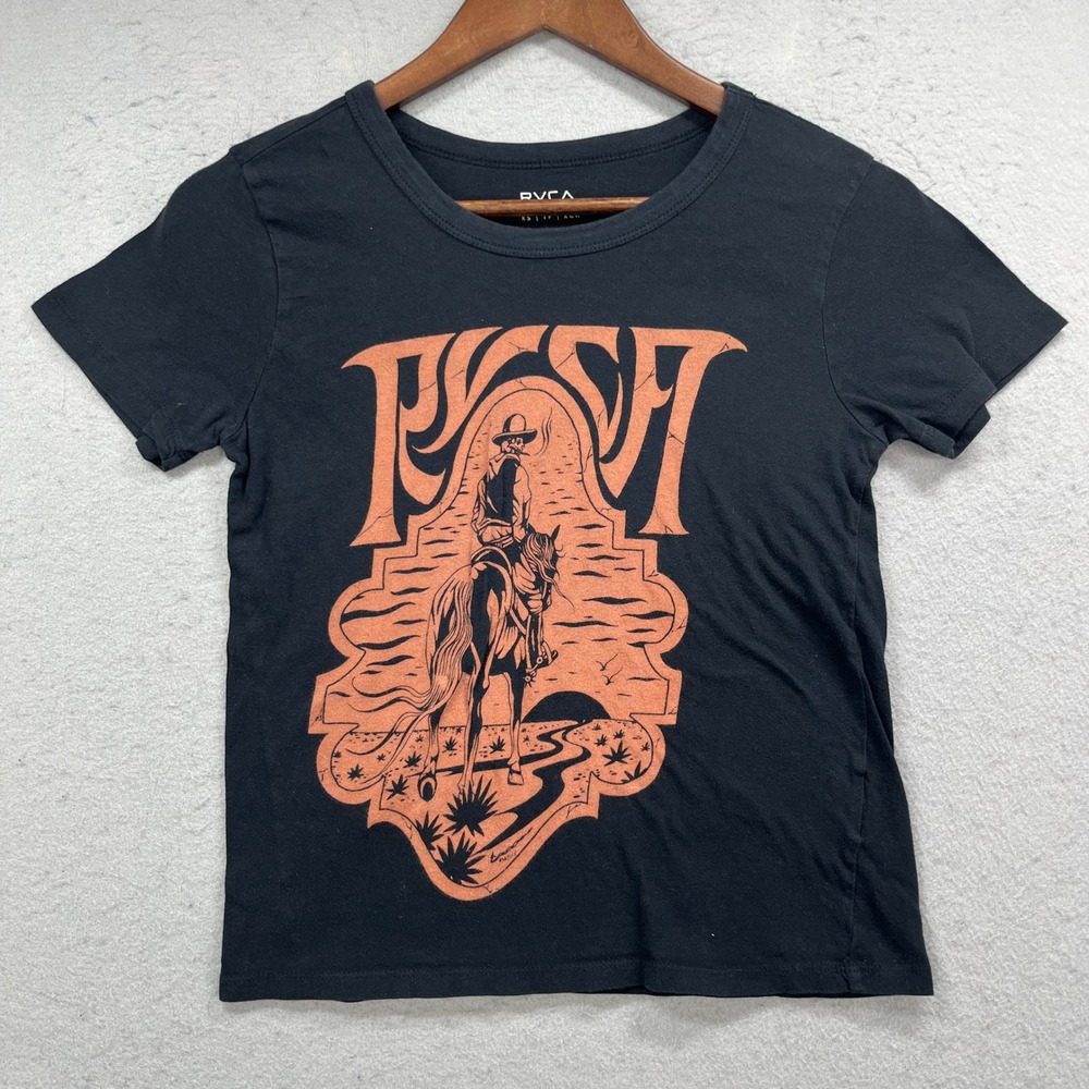 RVCA Graphic Tee Womens XS Black Orange Alex Matus Skeleton Cowboy Street Skate
